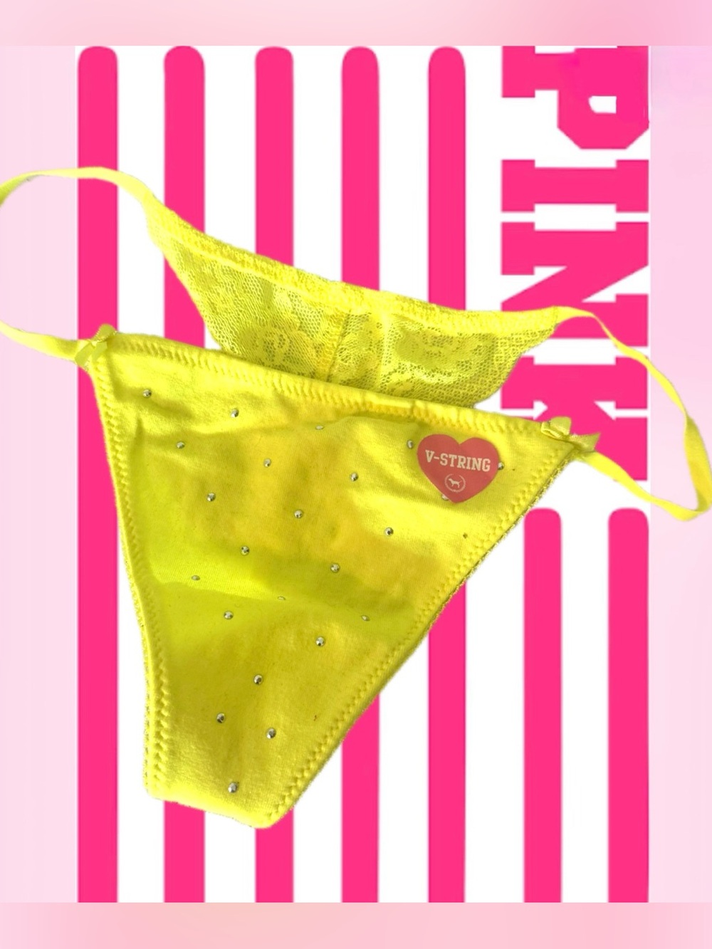 PINK Lace Back V-String Yellow Bling Thong Vintage Y2K Victoria's Secret MED